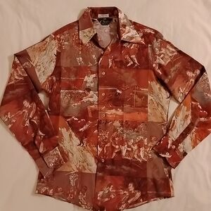 Vtg 70s Chemise Et Cie Playboy LEROY NEIMAN Sport Collage Pointed Collar Disco M